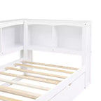 Wooden Twin Size Daybed with Trundle and Storage Cabinet, Floor Day Bed Frame w/L-Shaped Bookcase Shelves and USB Ports for Bedroom