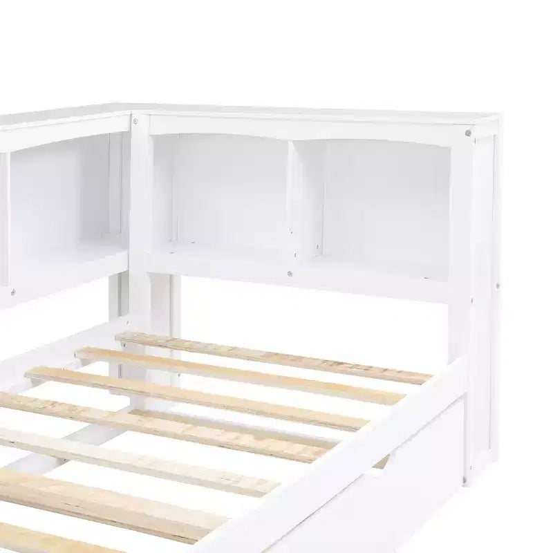 Wooden Twin Size Daybed with Trundle and Storage Cabinet, Floor Day Bed Frame w/L-Shaped Bookcase Shelves and USB Ports for Bedroom