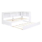 Wooden Twin Size Daybed with Trundle and Storage Cabinet, Floor Day Bed Frame w/L-Shaped Bookcase Shelves and USB Ports for Bedroom