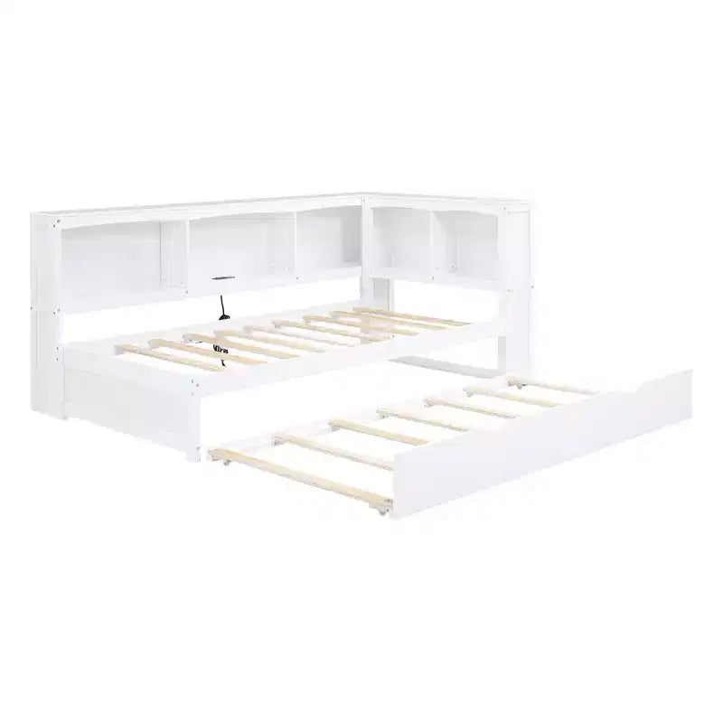 Wooden Twin Size Daybed with Trundle and Storage Cabinet, Floor Day Bed Frame w/L-Shaped Bookcase Shelves and USB Ports for Bedroom