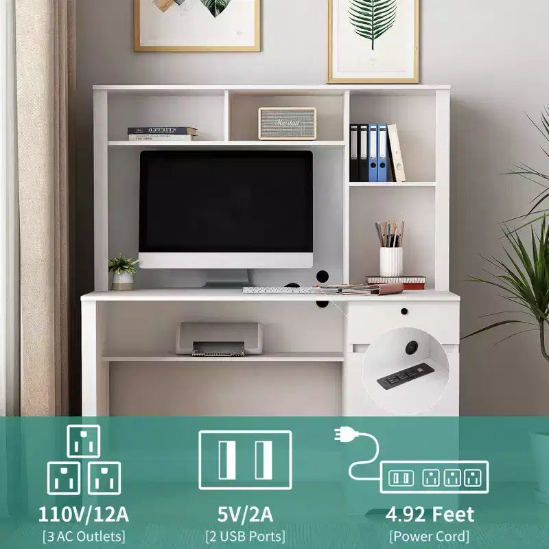 Scrivania per computer, adatta per adolescenti, studenti, per scrivere, per portatili e per l'uso domestico, con cassetti, 3 prese CA e 2 porte di ricarica USB.