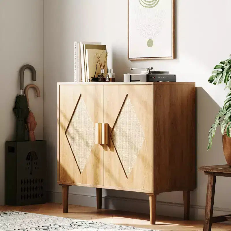 Madia a 2 ante con ripiani regolabili, Credenza in legno naturale, per soggiorno, ingresso