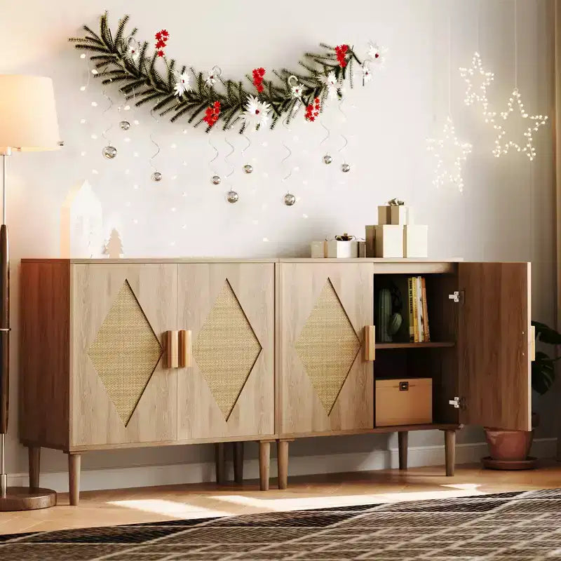 Madia a 2 ante con ripiani regolabili, Credenza in legno naturale, per soggiorno, ingresso