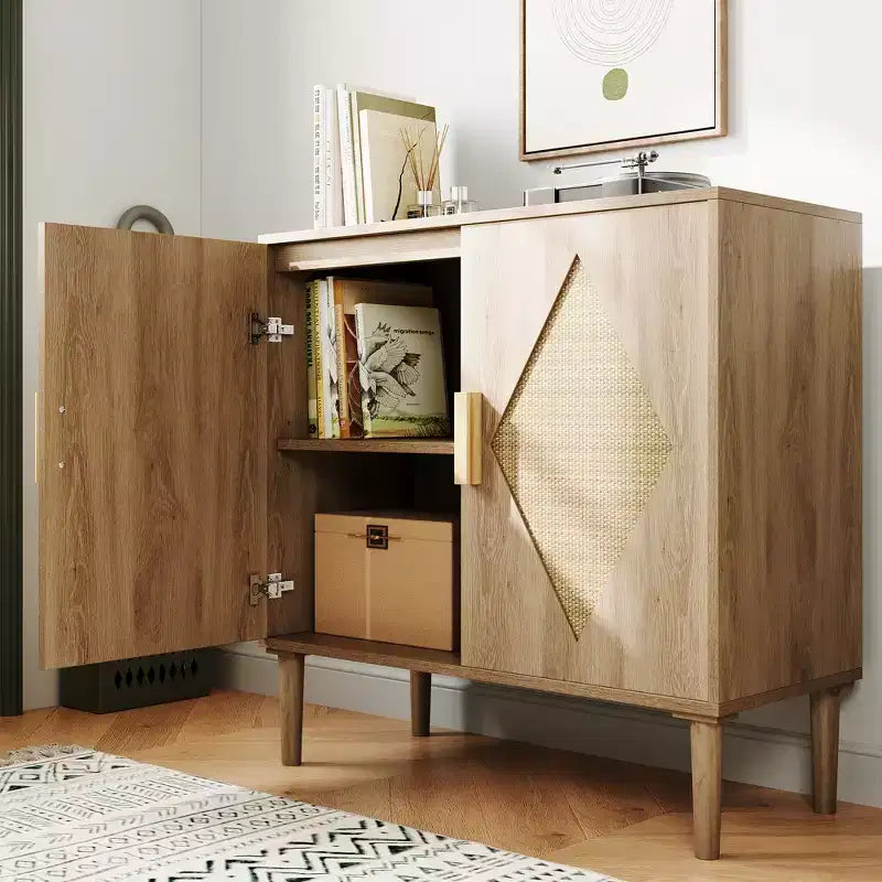 Madia a 2 ante con ripiani regolabili, Credenza in legno naturale, per soggiorno, ingresso