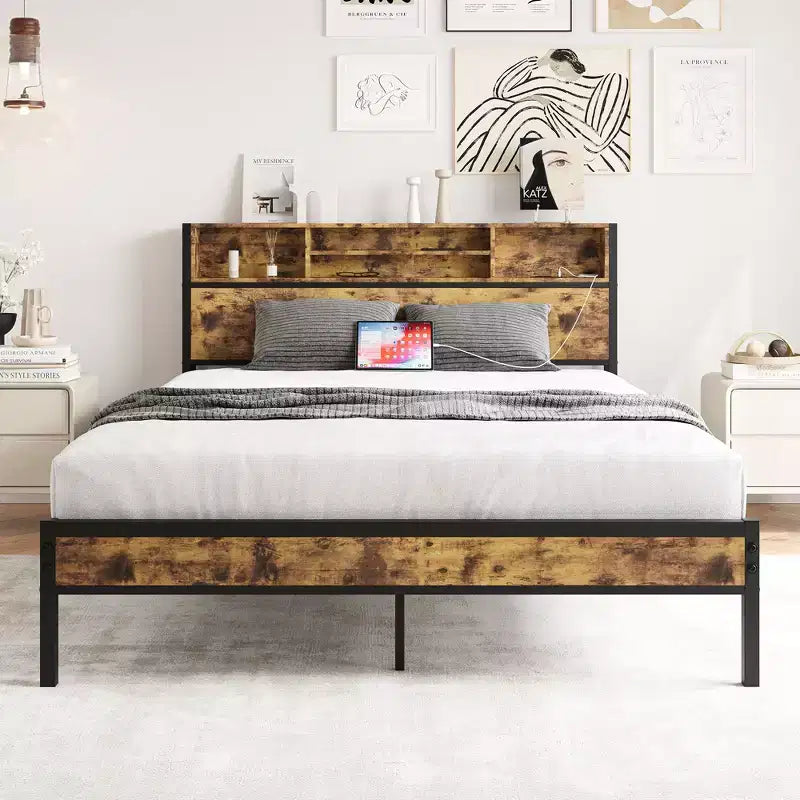 Struttura Letto Matrimoniale Okak con Testiera Contenitore, Base Letto a Piattaforma in Metallo con Stazione di Ricarica, Libreria Contenitore per Camera da Letto, Soggiorno, Nero