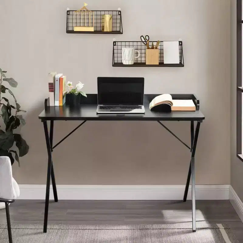 FurnitureR 40 Computer Desk with Grid Storage Shelf, Gaming Desk with Sturdy X-Shaped Metal Frame, Home Office Writing Table for Gaming & Study,Black
