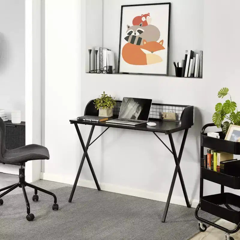 FurnitureR 40 Computer Desk with Grid Storage Shelf, Gaming Desk with Sturdy X-Shaped Metal Frame, Home Office Writing Table for Gaming & Study,Black