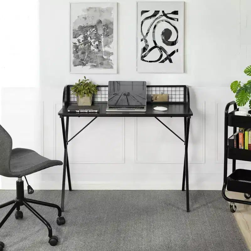 FurnitureR 40 Computer Desk with Grid Storage Shelf, Gaming Desk with Sturdy X-Shaped Metal Frame, Home Office Writing Table for Gaming & Study,Black