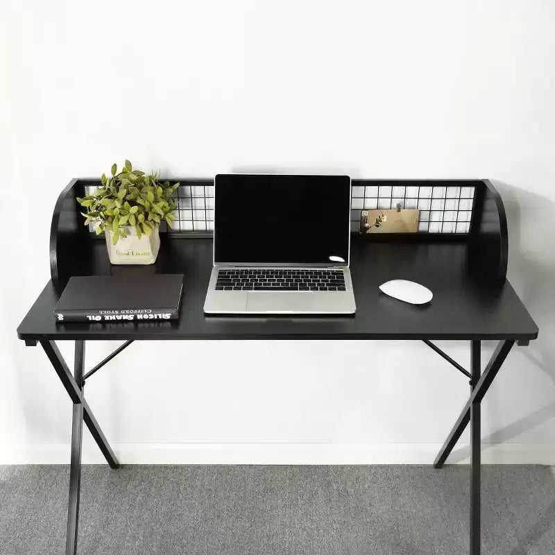FurnitureR 40 Computer Desk with Grid Storage Shelf, Gaming Desk with Sturdy X-Shaped Metal Frame, Home Office Writing Table for Gaming & Study,Black