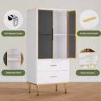 GustoWave Freestanding Pantry Cabinet with Glass Doors & Drawers - Modern Kitchen Storage Cupboard with Gold Accents for Dining Room, Office