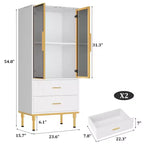 GustoWave Freestanding Pantry Cabinet with Glass Doors & Drawers - Modern Kitchen Storage Cupboard with Gold Accents for Dining Room, Office