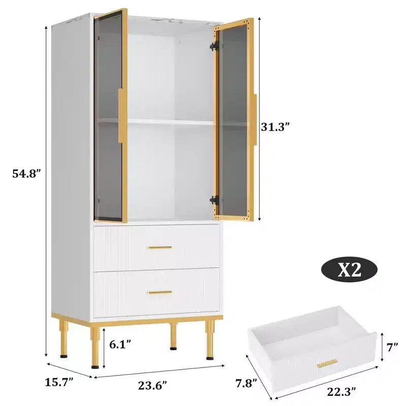 GustoWave Freestanding Pantry Cabinet with Glass Doors & Drawers - Modern Kitchen Storage Cupboard with Gold Accents for Dining Room, Office