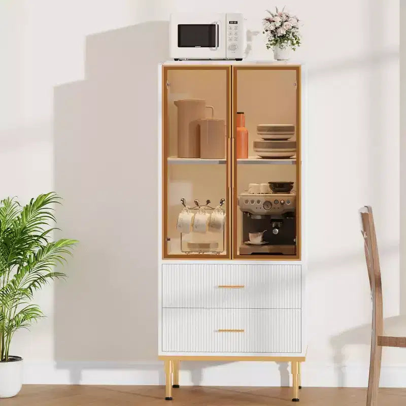 GustoWave Freestanding Pantry Cabinet with Glass Doors & Drawers - Modern Kitchen Storage Cupboard with Gold Accents for Dining Room, Office