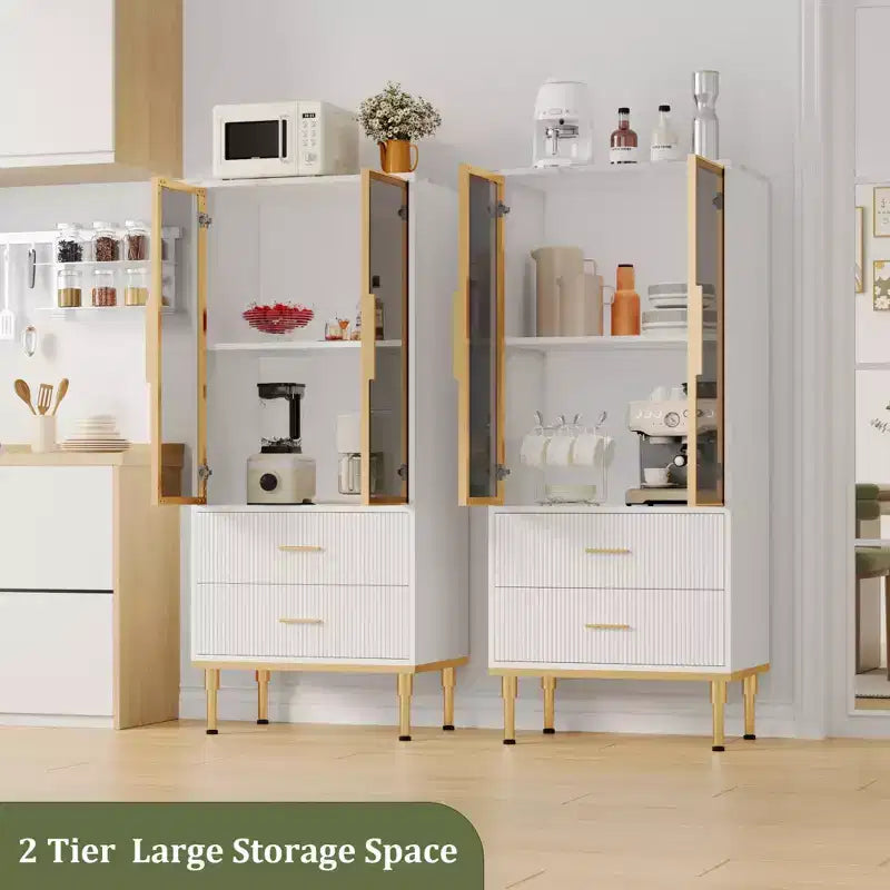 GustoWave Freestanding Pantry Cabinet with Glass Doors & Drawers - Modern Kitchen Storage Cupboard with Gold Accents for Dining Room, Office