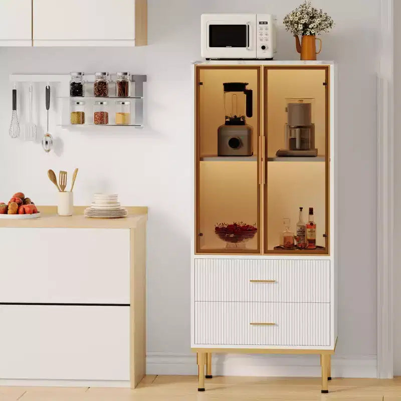 GustoWave Freestanding Pantry Cabinet with Glass Doors & Drawers - Modern Kitchen Storage Cupboard with Gold Accents for Dining Room, Office