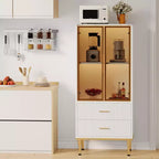 GustoWave Freestanding Pantry Cabinet with Glass Doors & Drawers - Modern Kitchen Storage Cupboard with Gold Accents for Dining Room, Office