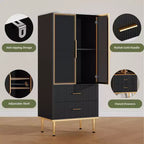 GustoWave Freestanding Pantry Cabinet with Glass Doors & Drawers - Modern Kitchen Storage Cupboard with Gold Accents for Dining Room, Office