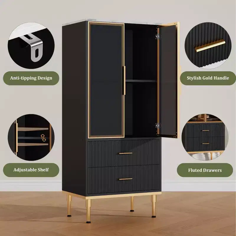 GustoWave Freestanding Pantry Cabinet with Glass Doors & Drawers - Modern Kitchen Storage Cupboard with Gold Accents for Dining Room, Office