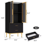 GustoWave Freestanding Pantry Cabinet with Glass Doors & Drawers - Modern Kitchen Storage Cupboard with Gold Accents for Dining Room, Office