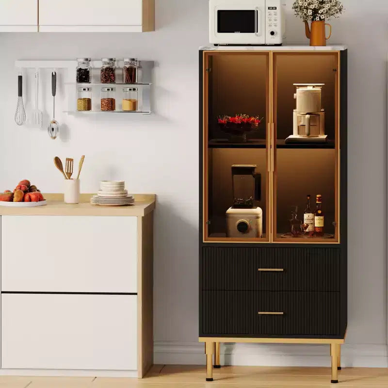 GustoWave Freestanding Pantry Cabinet with Glass Doors & Drawers - Modern Kitchen Storage Cupboard with Gold Accents for Dining Room, Office