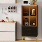 GustoWave Freestanding Pantry Cabinet with Glass Doors & Drawers - Modern Kitchen Storage Cupboard with Gold Accents for Dining Room, Office