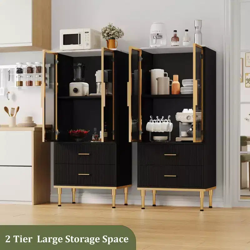 GustoWave Freestanding Pantry Cabinet with Glass Doors & Drawers - Modern Kitchen Storage Cupboard with Gold Accents for Dining Room, Office