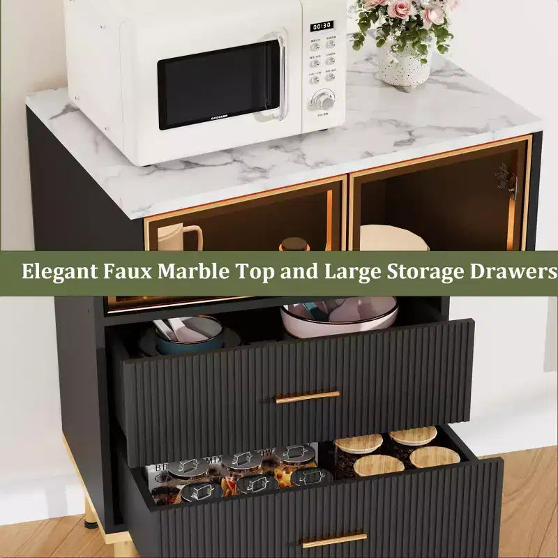 GustoWave Freestanding Pantry Cabinet with Glass Doors & Drawers - Modern Kitchen Storage Cupboard with Gold Accents for Dining Room, Office