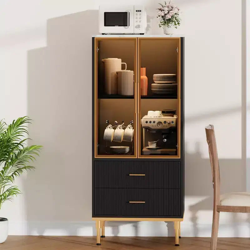 GustoWave Freestanding Pantry Cabinet with Glass Doors & Drawers - Modern Kitchen Storage Cupboard with Gold Accents for Dining Room, Office