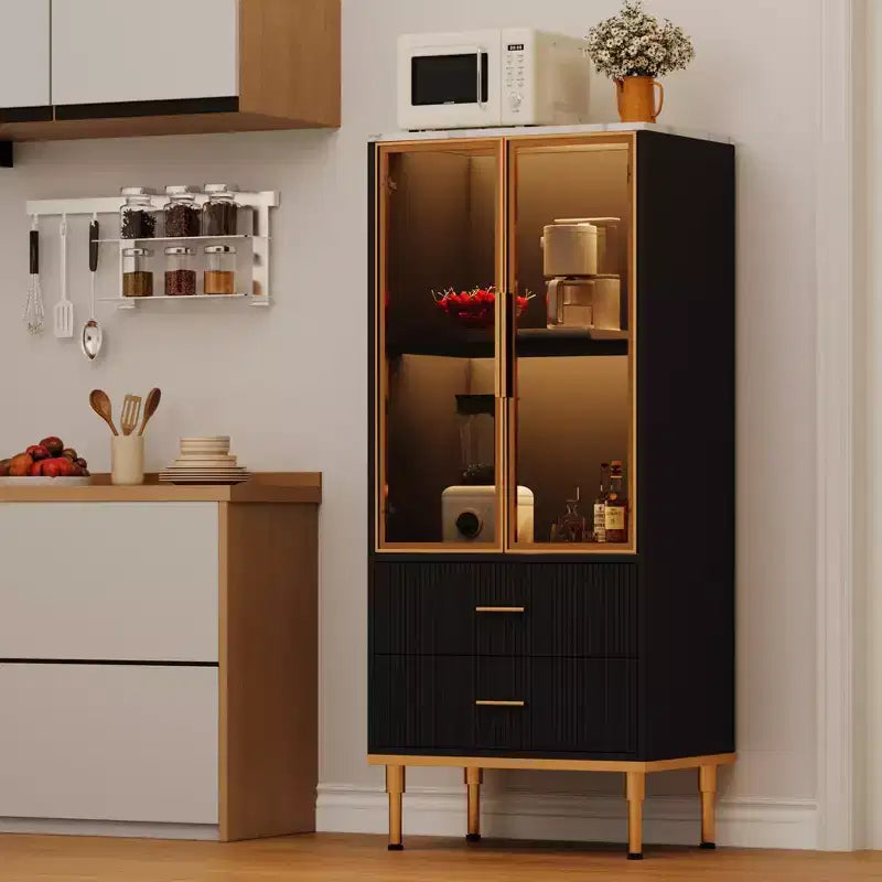 GustoWave Freestanding Pantry Cabinet with Glass Doors & Drawers - Modern Kitchen Storage Cupboard with Gold Accents for Dining Room, Office