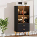 GustoWave Freestanding Pantry Cabinet with Glass Doors & Drawers - Modern Kitchen Storage Cupboard with Gold Accents for Dining Room, Office