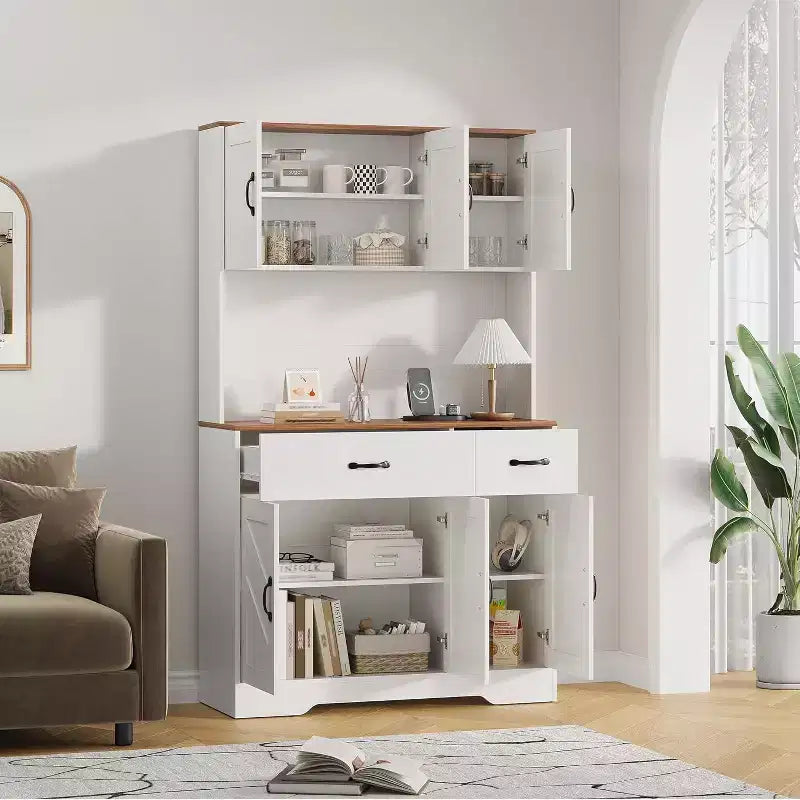 71 Pantry Cabinet with Charging Station, Kitchen Pantry Storage Cabinet with Drawers and Countertop, Farmhouse Kitchen Hutch Cabinets Food Pantry