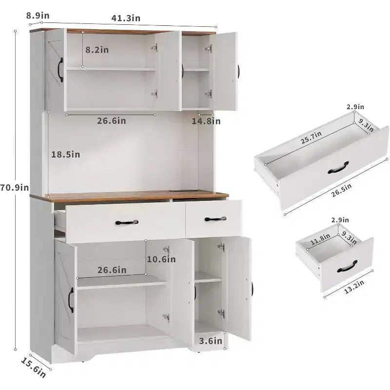 71 Pantry Cabinet with Charging Station, Kitchen Pantry Storage Cabinet with Drawers and Countertop, Farmhouse Kitchen Hutch Cabinets Food Pantry