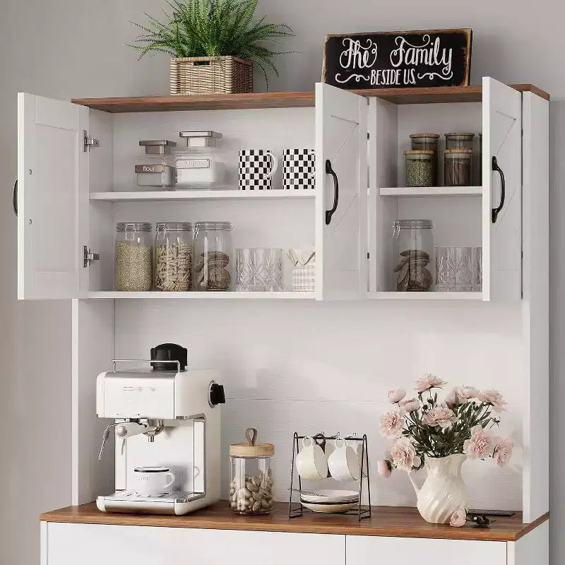 71 Pantry Cabinet with Charging Station, Kitchen Pantry Storage Cabinet with Drawers and Countertop, Farmhouse Kitchen Hutch Cabinets Food Pantry