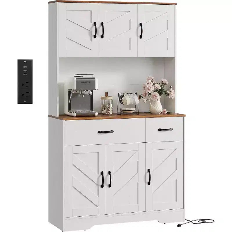 71 Pantry Cabinet with Charging Station, Kitchen Pantry Storage Cabinet with Drawers and Countertop, Farmhouse Kitchen Hutch Cabinets Food Pantry