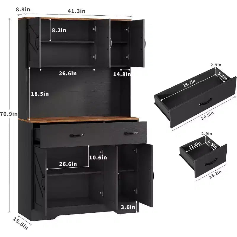 71 Pantry Cabinet with Charging Station, Kitchen Pantry Storage Cabinet with Drawers and Countertop, Farmhouse Kitchen Hutch Cabinets Food Pantry