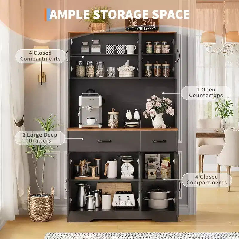 71 Pantry Cabinet with Charging Station, Kitchen Pantry Storage Cabinet with Drawers and Countertop, Farmhouse Kitchen Hutch Cabinets Food Pantry