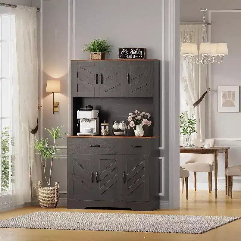 71 Pantry Cabinet with Charging Station, Kitchen Pantry Storage Cabinet with Drawers and Countertop, Farmhouse Kitchen Hutch Cabinets Food Pantry