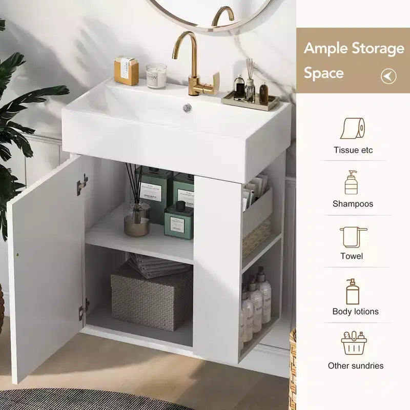 Floating Bathroom Vanity with Ceramic Top Sink, Right/Left Side Storage Space, Wall-Mounted Wooden Bathroom Cabinet for Small Bathroom