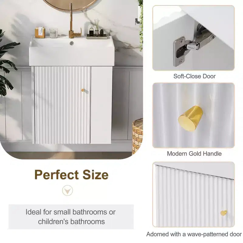 Floating Bathroom Vanity with Ceramic Top Sink, Right/Left Side Storage Space, Wall-Mounted Wooden Bathroom Cabinet for Small Bathroom