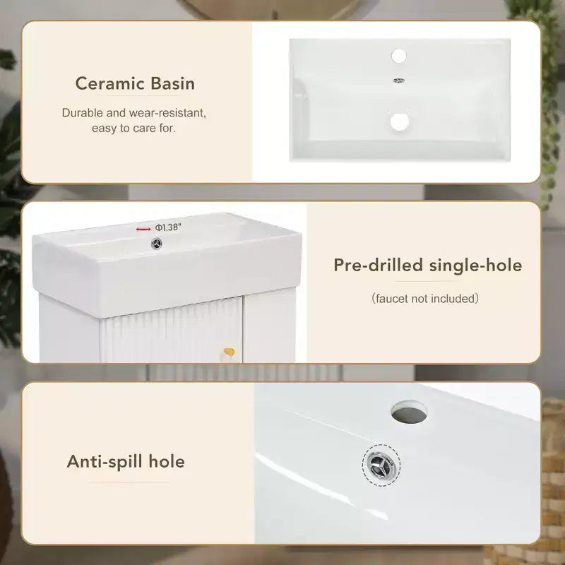 Floating Bathroom Vanity with Ceramic Top Sink, Right/Left Side Storage Space, Wall-Mounted Wooden Bathroom Cabinet for Small Bathroom