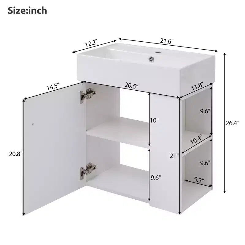 Floating Bathroom Vanity with Ceramic Top Sink, Right/Left Side Storage Space, Wall-Mounted Wooden Bathroom Cabinet for Small Bathroom