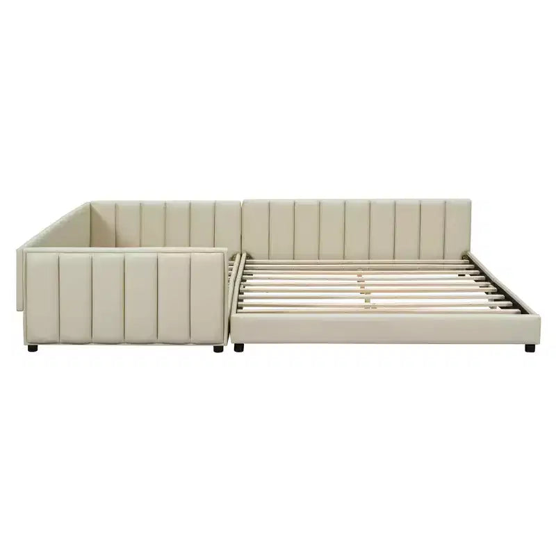 Wooden Mother & Child Bed Frame Queen and Twin XL Size Daybed, PU Leather Upholstered Grounded Platform Bed