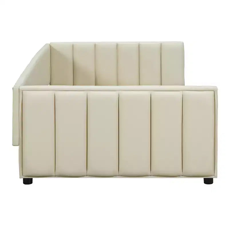 Wooden Mother & Child Bed Frame Queen and Twin XL Size Daybed, PU Leather Upholstered Grounded Platform Bed