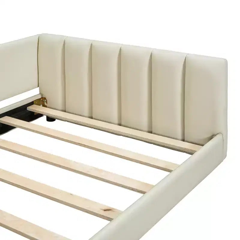 Wooden Mother & Child Bed Frame Queen and Twin XL Size Daybed, PU Leather Upholstered Grounded Platform Bed