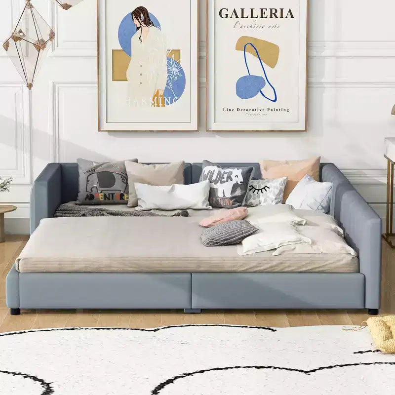 Wooden Mother & Child Bed Frame Queen and Twin XL Size Daybed, PU Leather Upholstered Grounded Platform Bed