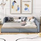 Wooden Mother & Child Bed Frame Queen and Twin XL Size Daybed, PU Leather Upholstered Grounded Platform Bed
