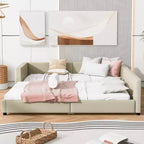 Wooden Mother & Child Bed Frame Queen and Twin XL Size Daybed, PU Leather Upholstered Grounded Platform Bed