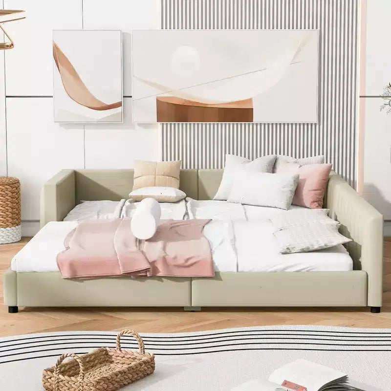 Wooden Mother & Child Bed Frame Queen and Twin XL Size Daybed, PU Leather Upholstered Grounded Platform Bed