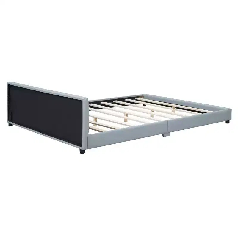 Wooden Mother & Child Bed Frame Queen and Twin XL Size Daybed, PU Leather Upholstered Grounded Platform Bed