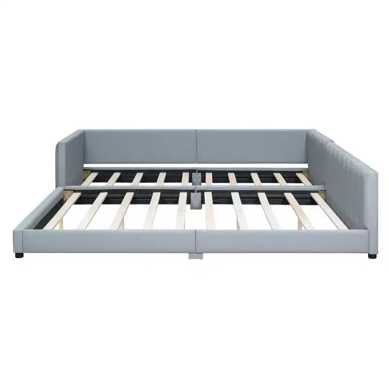 Wooden Mother & Child Bed Frame Queen and Twin XL Size Daybed, PU Leather Upholstered Grounded Platform Bed